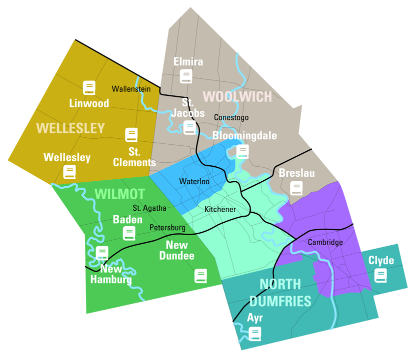 Map of library locations in the Region of Waterloo.